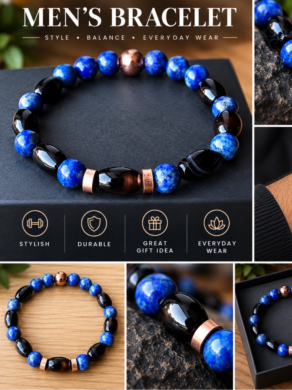 Hand Crafted Blue Lapis, Black Agate & Copper Men's Beaded Bracelet